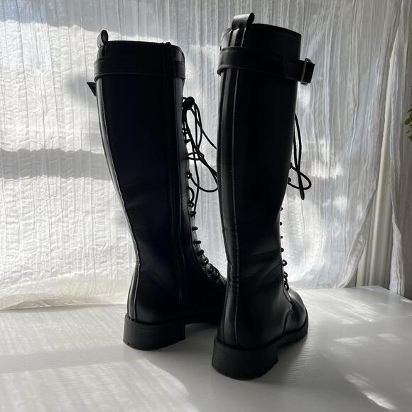 Black Knee High Combat Boots Lace Up Goth Punk  Riding Boots Side Zip Size 36 - Picture 9 of 9